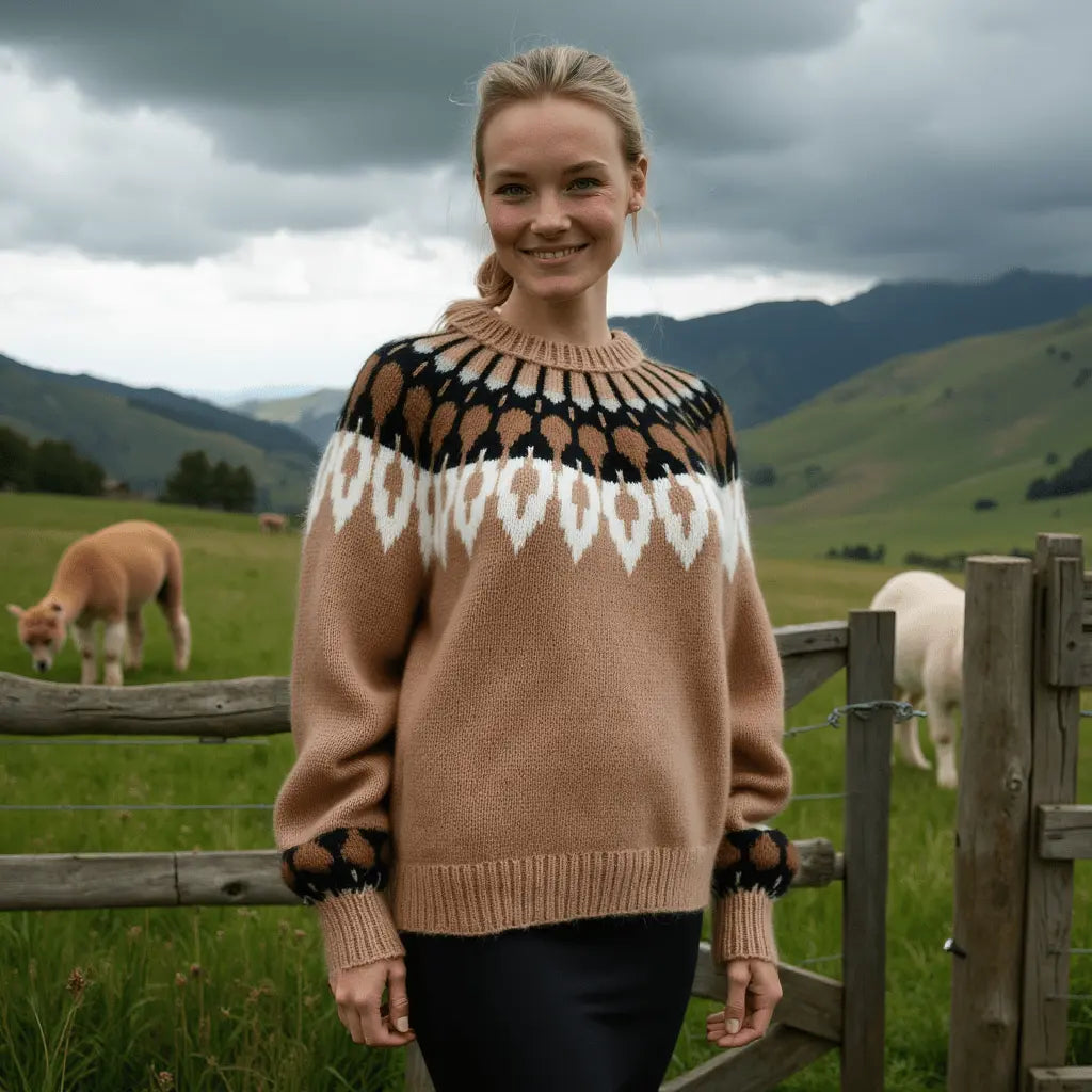 Beige Womens Scandinavian Sweater Lopapeysa Fair Isle Hand Knitted with a Nordic Black & White Patterned Yoke - EdelWear