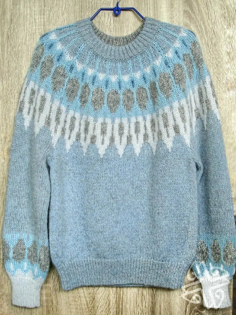 Gray Blue Womens Scandinavian Sweater Lopapeysa Fair Isle Hand Knitted with a Nordic Patterned Yoke - EdelWear