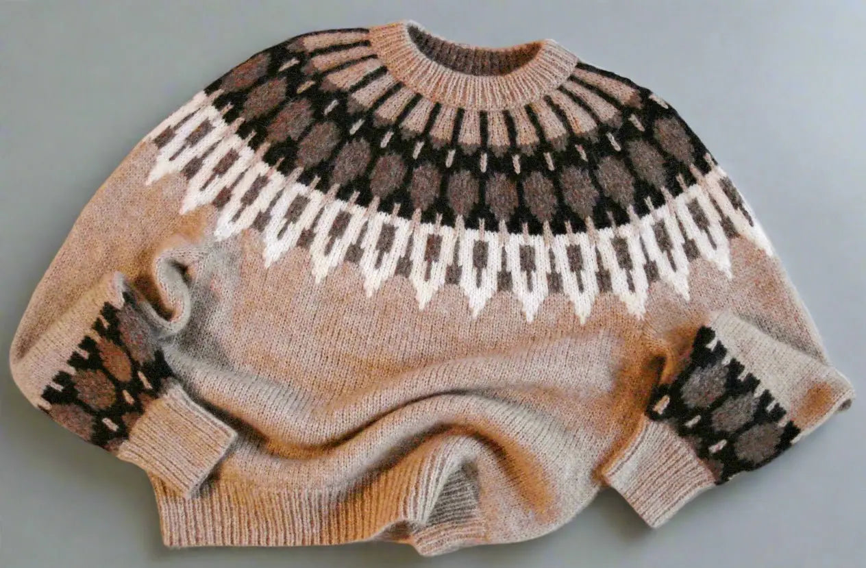 Beige Womens Scandinavian Sweater Lopapeysa Fair Isle Hand Knitted with a Nordic Black & White Patterned Yoke - EdelWear
