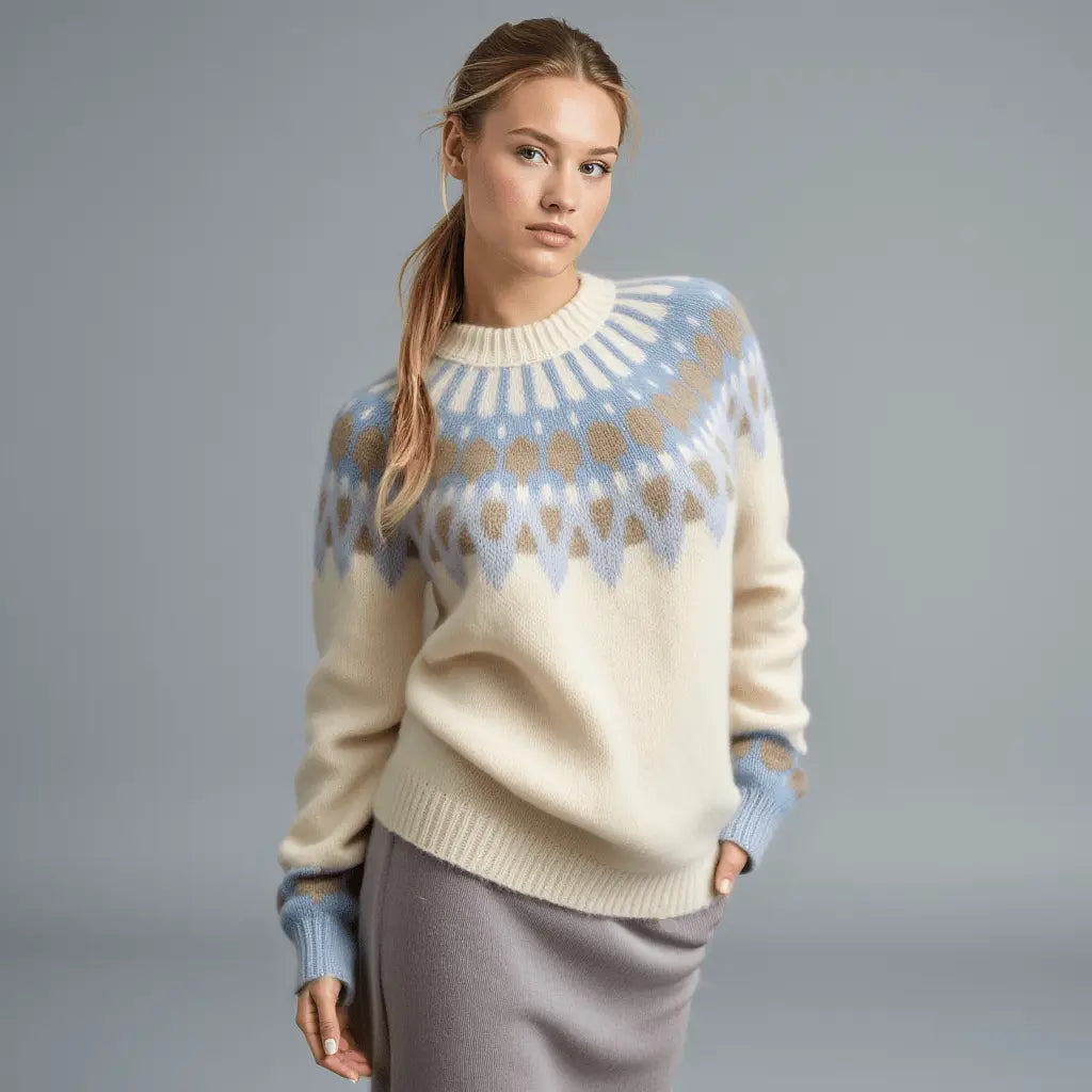 White Womens Scandinavian Sweater Lopapeysa Fair Isle Hand Knitted with a Nordic Beige & Blue Patterned Yoke - EdelWear
