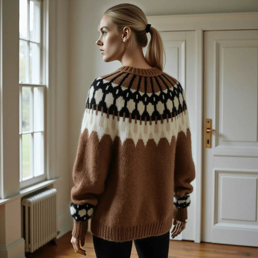 Brown Cappuccino Womens Scandinavian Sweater Lopapeysa Fair Isle Hand Knitted with a Nordic Black & White Patterned Yoke - EdelWear