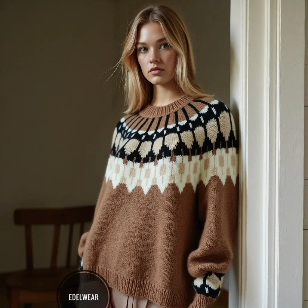 Brown Cappuccino Womens Scandinavian Sweater Lopapeysa Fair Isle Hand Knitted with a Nordic Black & White Patterned Yoke - EdelWear