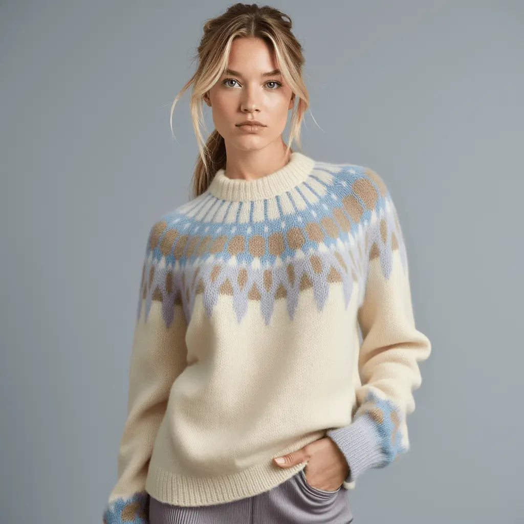 White Womens Scandinavian Sweater Lopapeysa Fair Isle Hand Knitted with a Nordic Beige & Blue Patterned Yoke - EdelWear