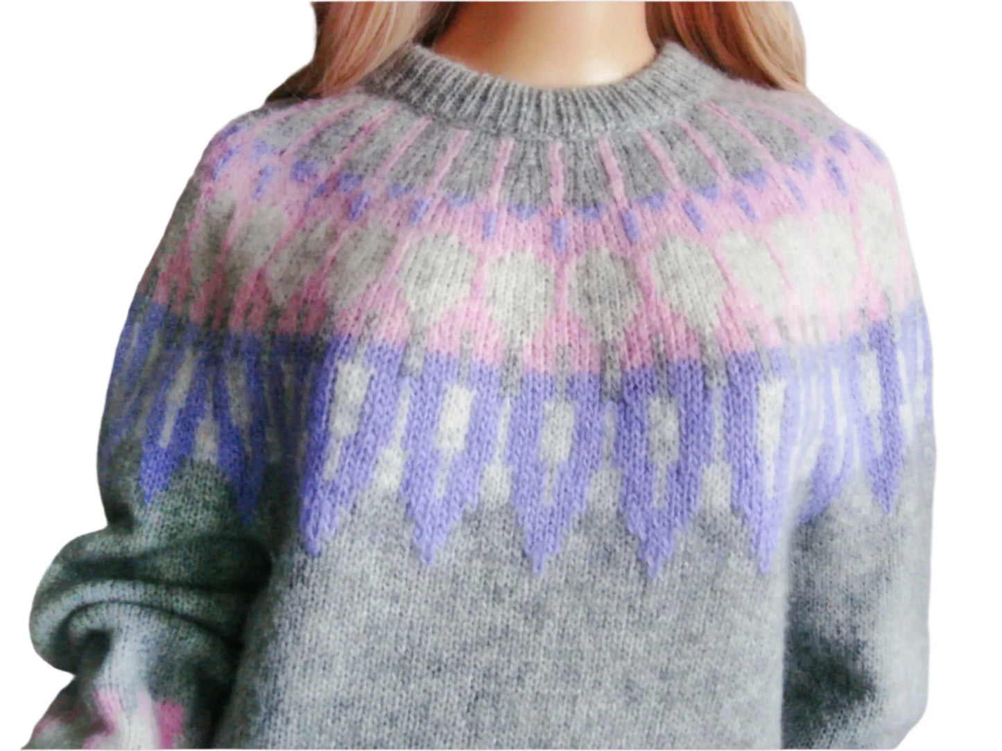Gray Womens Scandinavian Sweater Lopapeysa Fair Isle Hand Knitted with a Nordic Rose & Lilac Patterned Yoke - EdelWear