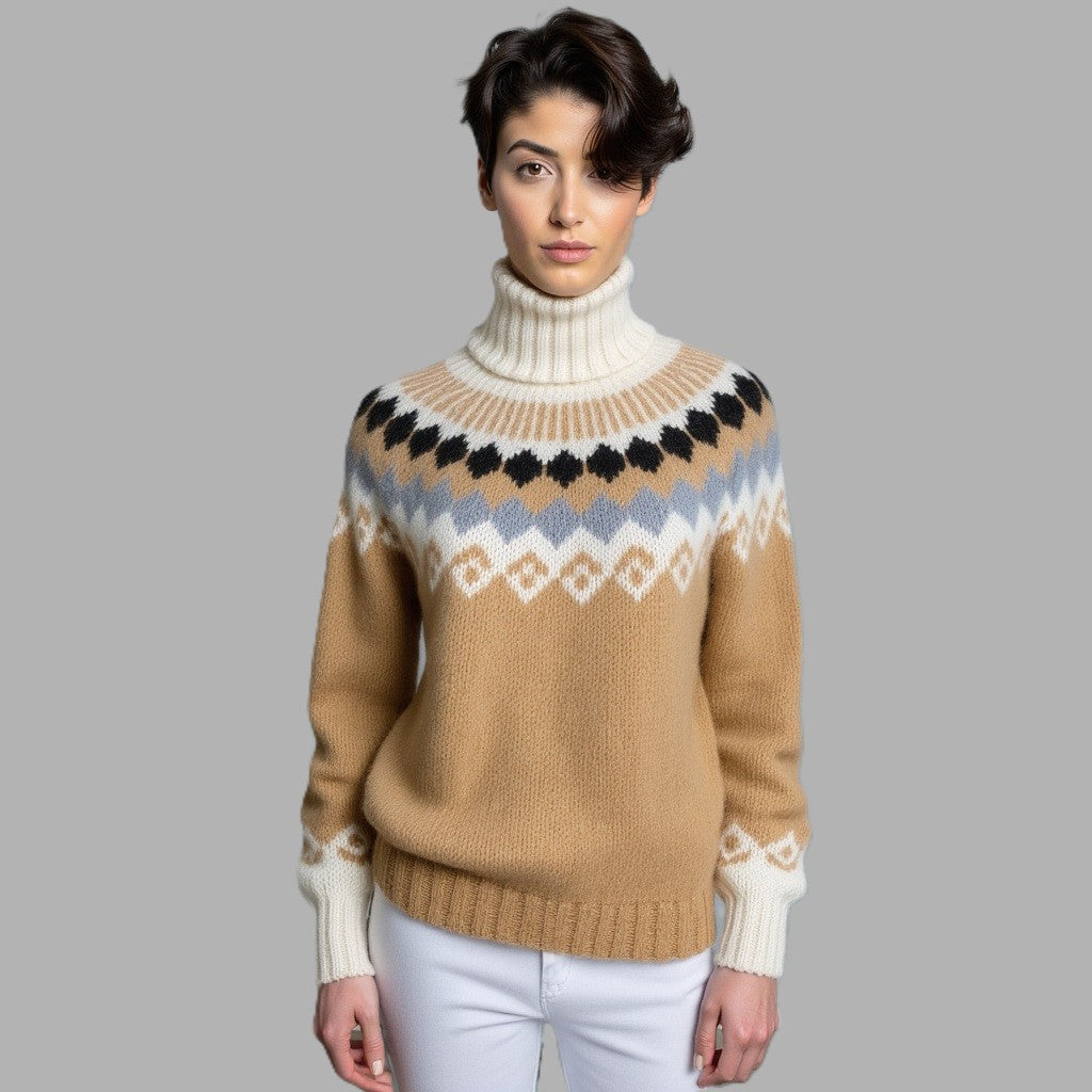 Woman wearing a patterned sweater with a plain background