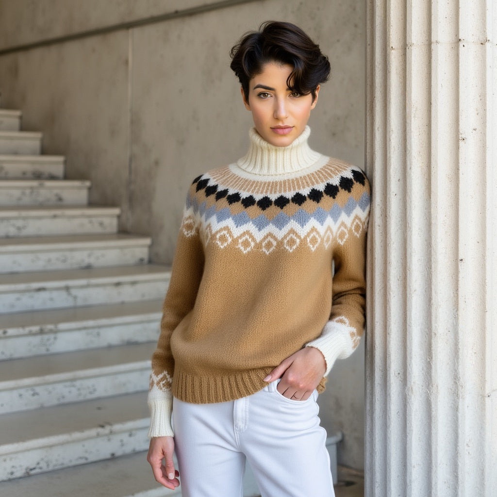 Woman wearing a patterned brown sweater standing against a neutral background