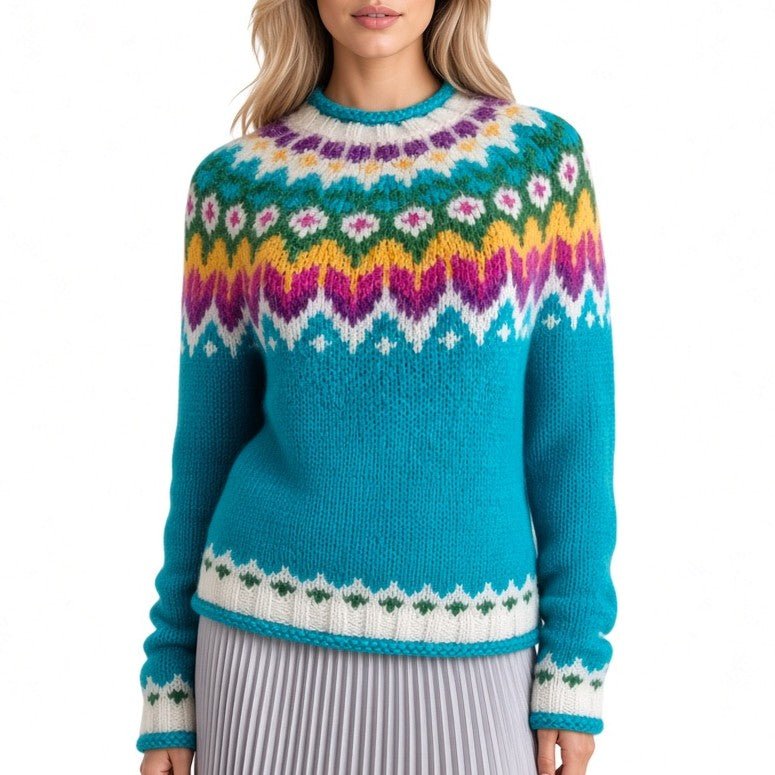 Colorful Fair Isle Sweater Unisex, Hand Knitted Scandinavian Lopapeysa, Nordic Style Patterned Pullover, Traditional Icelandic Ski Jumper, Alpaca Merino Wool Blend - EdelWear
