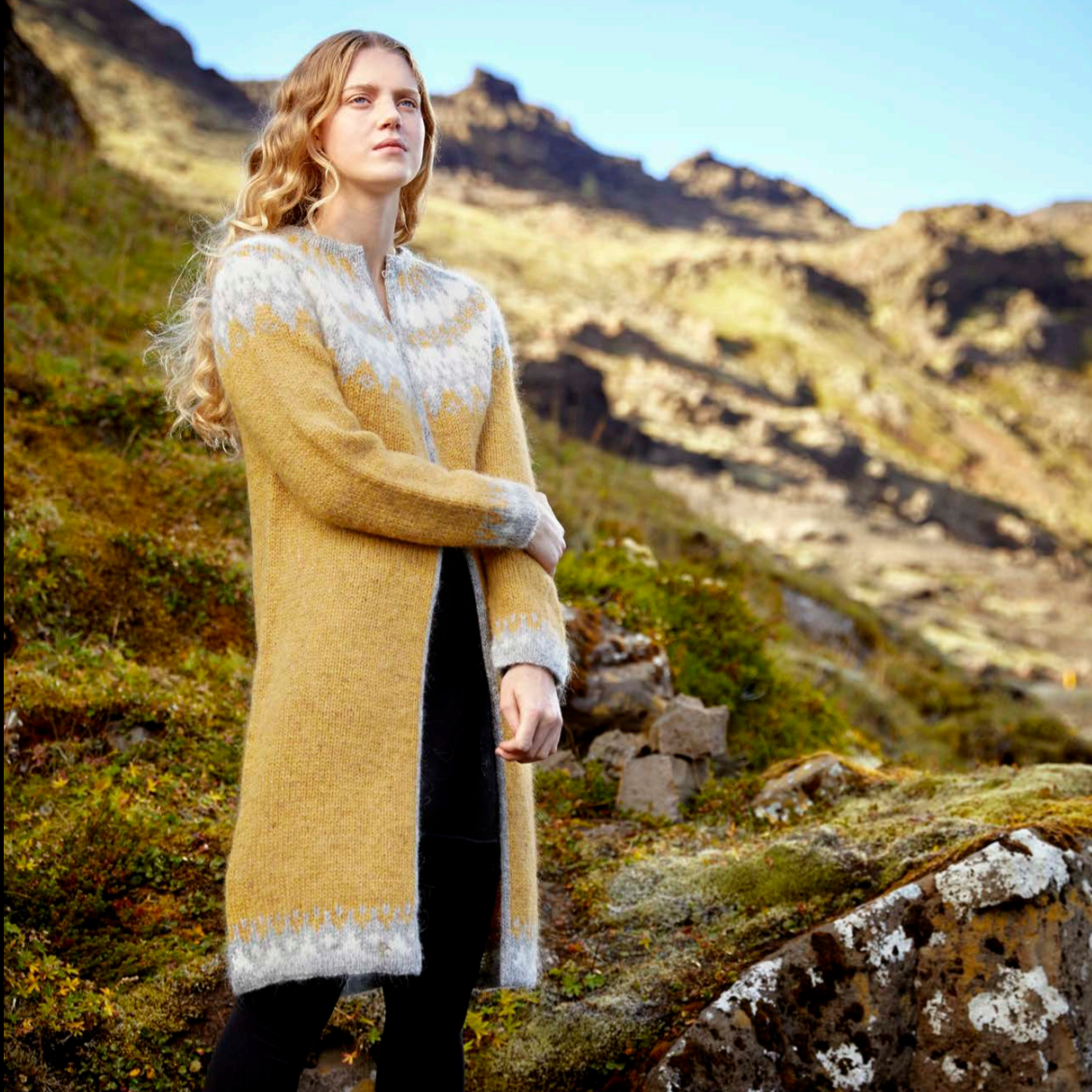 Mustard yellow and gray sweater cardigan Fair Isle with Frog Closure