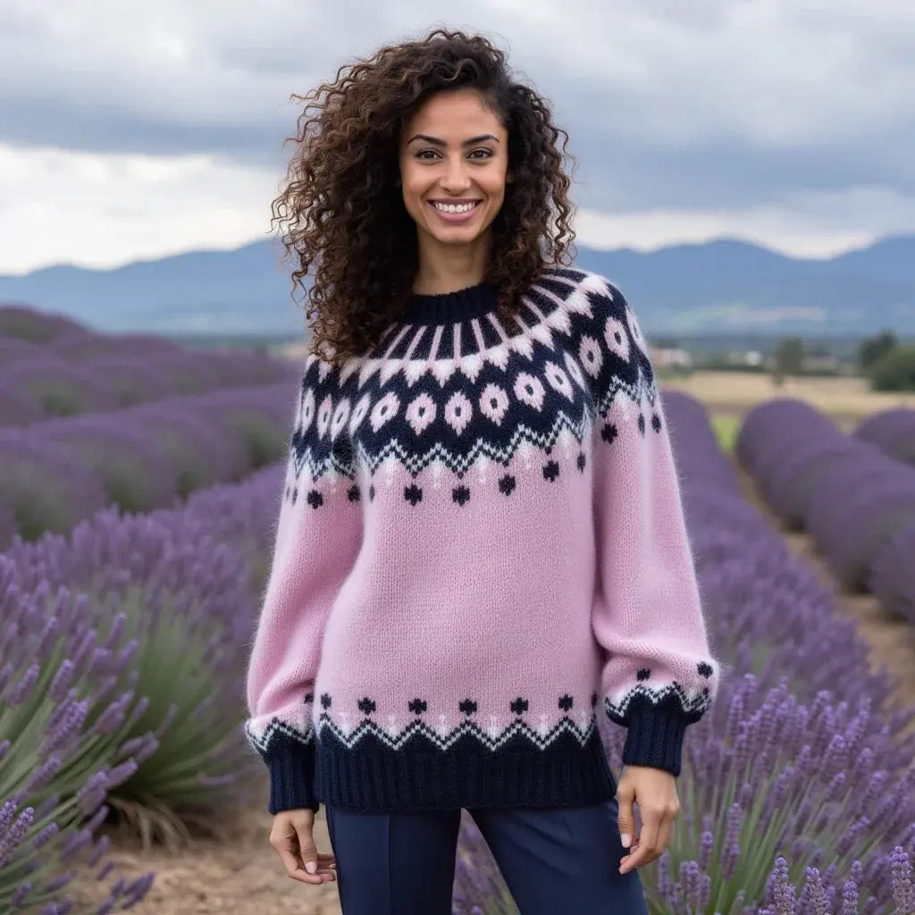 Gentle Lavender Pink Fuzzy Oversized Scandinavian Lopapeysa Womens Sweater Fair Isle with Nordic Black Patterned Yoke Hand Knitted of Alpaca / Merino - EdelWear