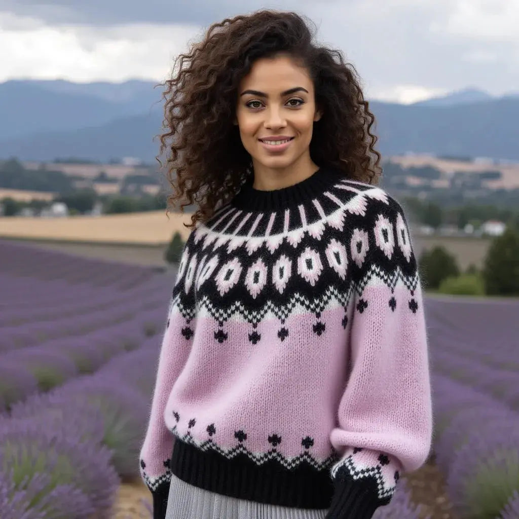 Gentle Lavender Pink Fuzzy Oversized Scandinavian Lopapeysa Womens Sweater Fair Isle with Nordic Black Patterned Yoke Hand Knitted of Alpaca / Merino - EdelWear
