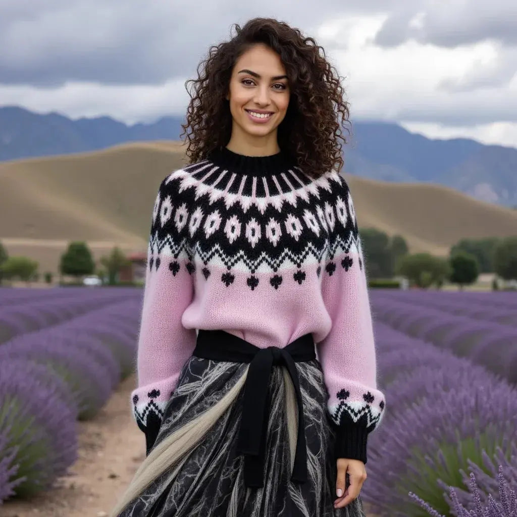 Gentle Lavender Pink Fuzzy Oversized Scandinavian Lopapeysa Womens Sweater Fair Isle with Nordic Black Patterned Yoke Hand Knitted of Alpaca / Merino - EdelWear