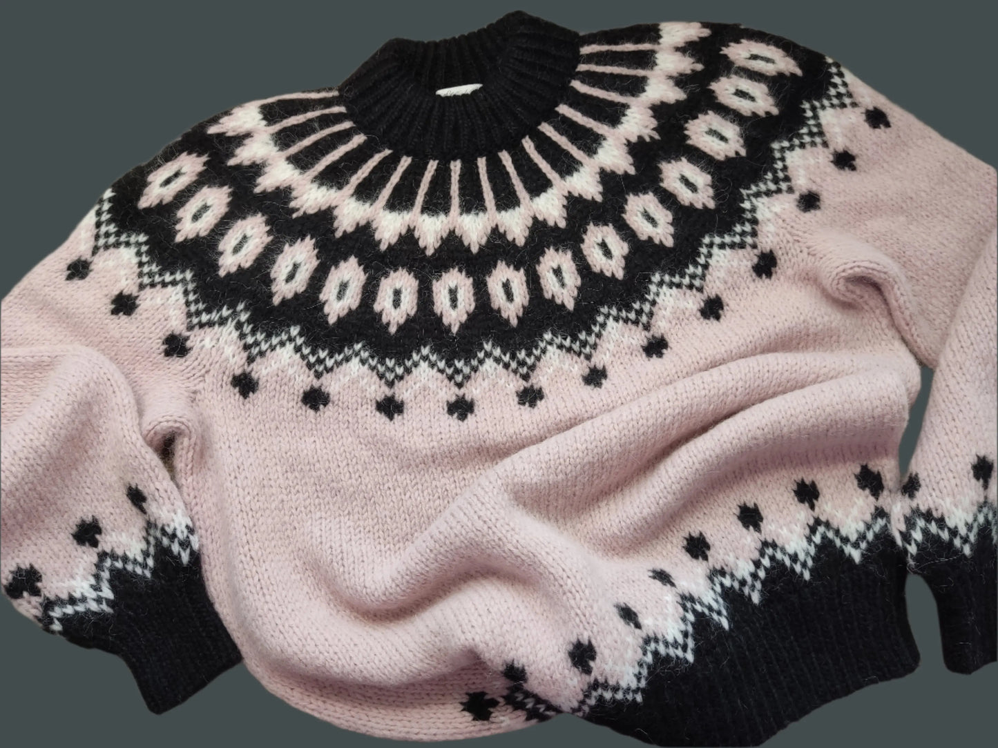 Gentle Lavender Pink Fuzzy Oversized Scandinavian Lopapeysa Womens Sweater Fair Isle with Nordic Black Patterned Yoke Hand Knitted of Alpaca / Merino - EdelWear