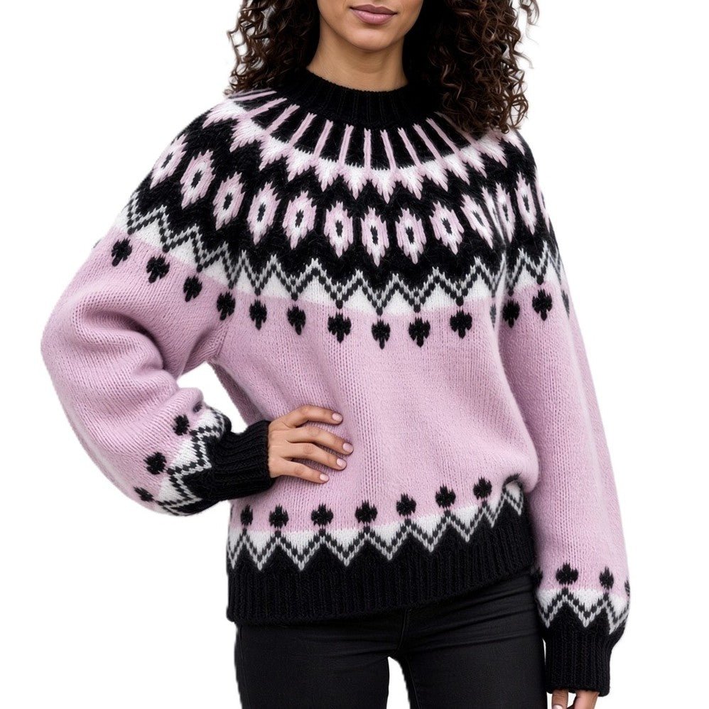 Gentle Lavender Pink Fuzzy Sweater Oversized Scandinavian Lopapeysa Womens Fair Isle with Nordic Black Patterned Yoke Hand Knitted of Alpaca / Merino - EdelWear