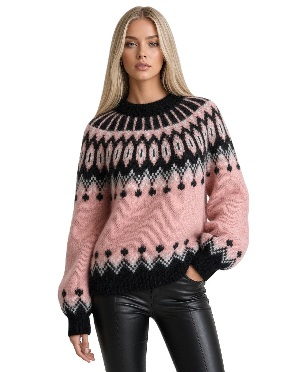 Gentle Lavender Pink Fuzzy Sweater Oversized Scandinavian Lopapeysa Womens Fair Isle with Nordic Black Patterned Yoke Hand Knitted of Alpaca / Merino - EdelWear