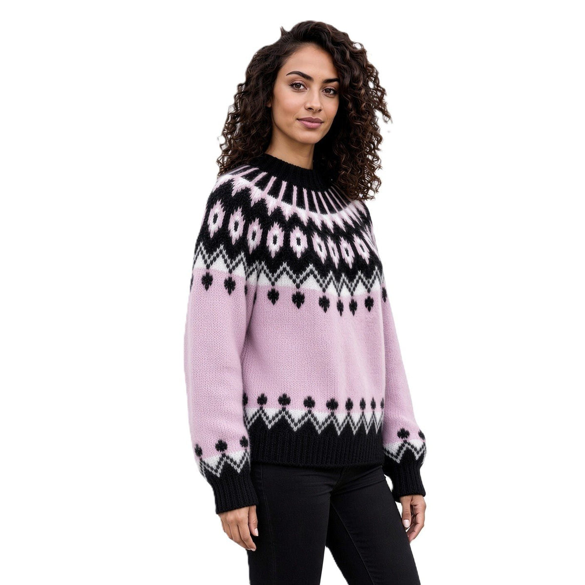 Gentle Lavender Pink Fuzzy Sweater Oversized Scandinavian Lopapeysa Womens Fair Isle with Nordic Black Patterned Yoke Hand Knitted of Alpaca / Merino - EdelWear