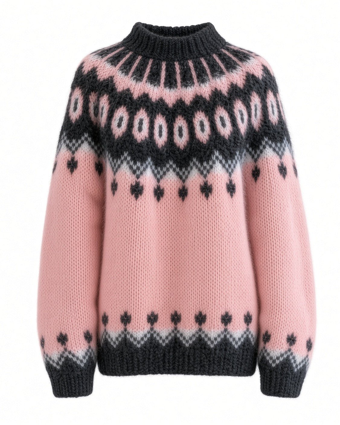 Gentle Lavender Pink Fuzzy Sweater Oversized Scandinavian Lopapeysa Womens Fair Isle with Nordic Black Patterned Yoke Hand Knitted of Alpaca / Merino - EdelWear