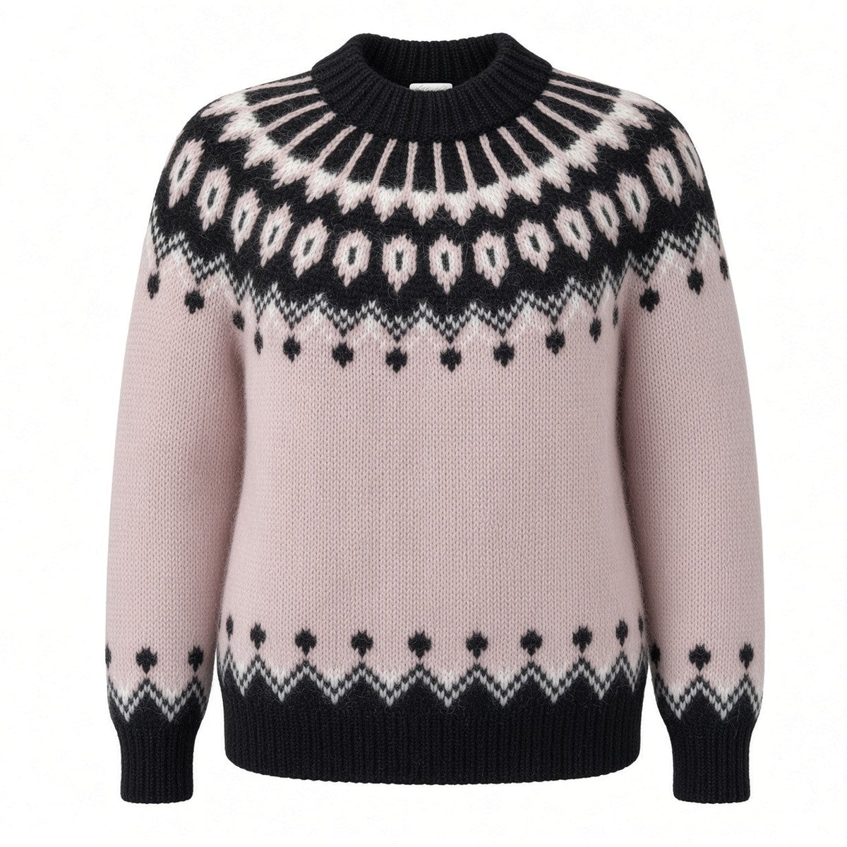 Gentle Lavender Pink Fuzzy Sweater Oversized Scandinavian Lopapeysa Womens Fair Isle with Nordic Black Patterned Yoke Hand Knitted of Alpaca / Merino - EdelWear
