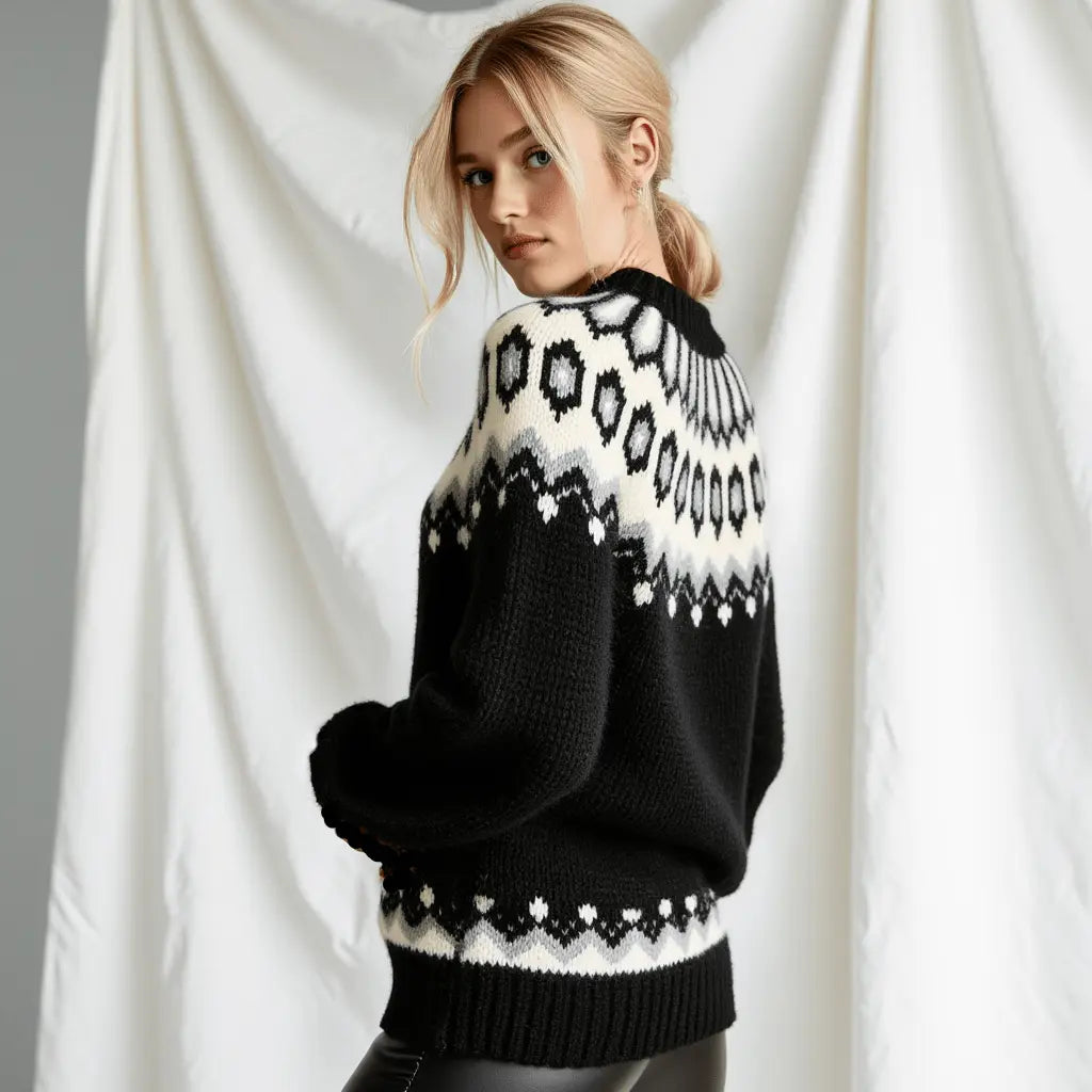 Hand - Knitted Black Oversized Unisex Scandinavian Lopapeysa Sweater Fair Isle with White circular Patterned Yoke of Baby Alpaca / Merino - EdelWear