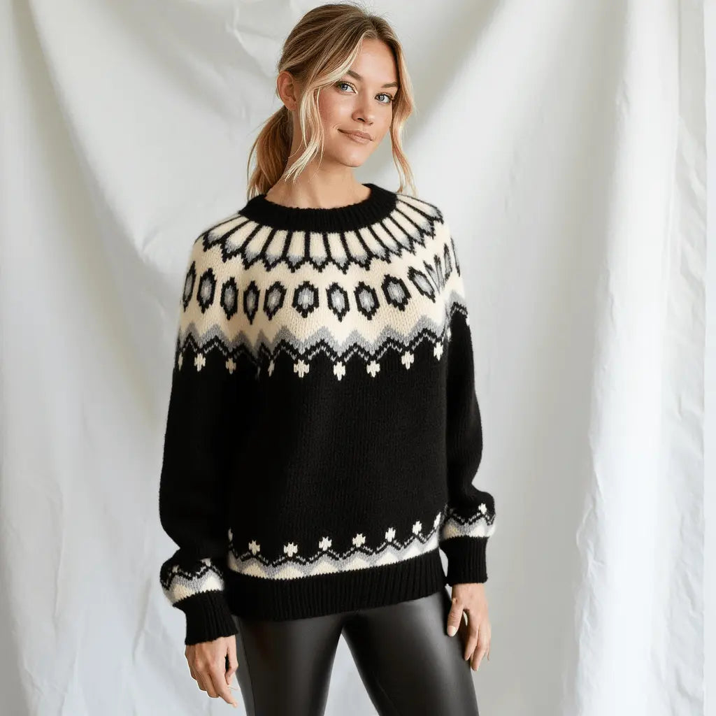 Hand - Knitted Black Oversized Unisex Scandinavian Lopapeysa Sweater Fair Isle with White circular Patterned Yoke of Baby Alpaca / Merino - EdelWear