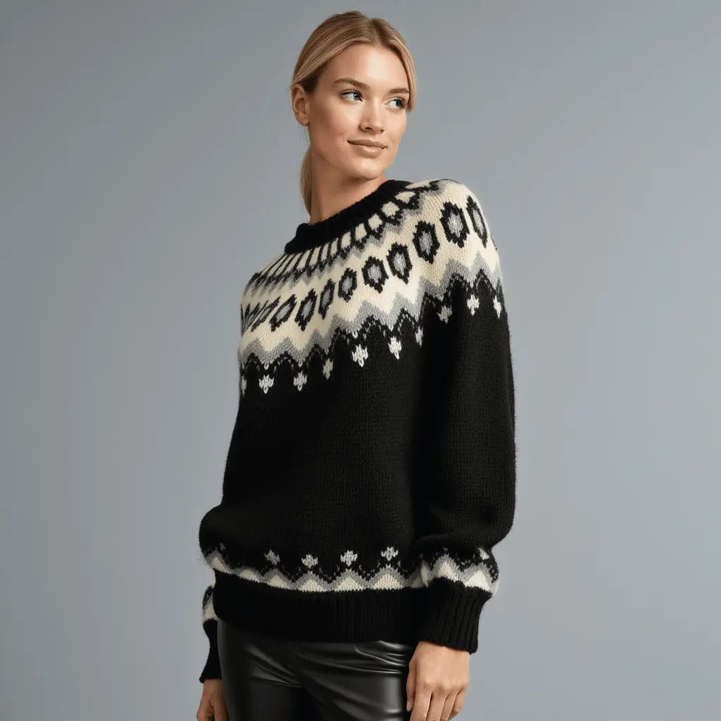 Hand - Knitted Black Oversized Unisex Scandinavian Lopapeysa Sweater Fair Isle with White circular Patterned Yoke of Baby Alpaca / Merino - EdelWear