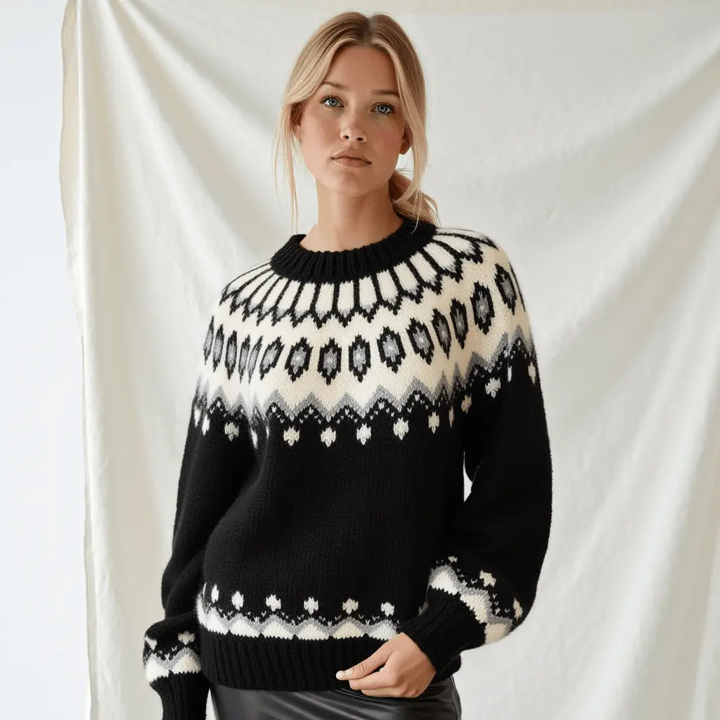 Hand - Knitted Black Oversized Unisex Scandinavian Lopapeysa Sweater Fair Isle with White circular Patterned Yoke of Baby Alpaca / Merino - EdelWear
