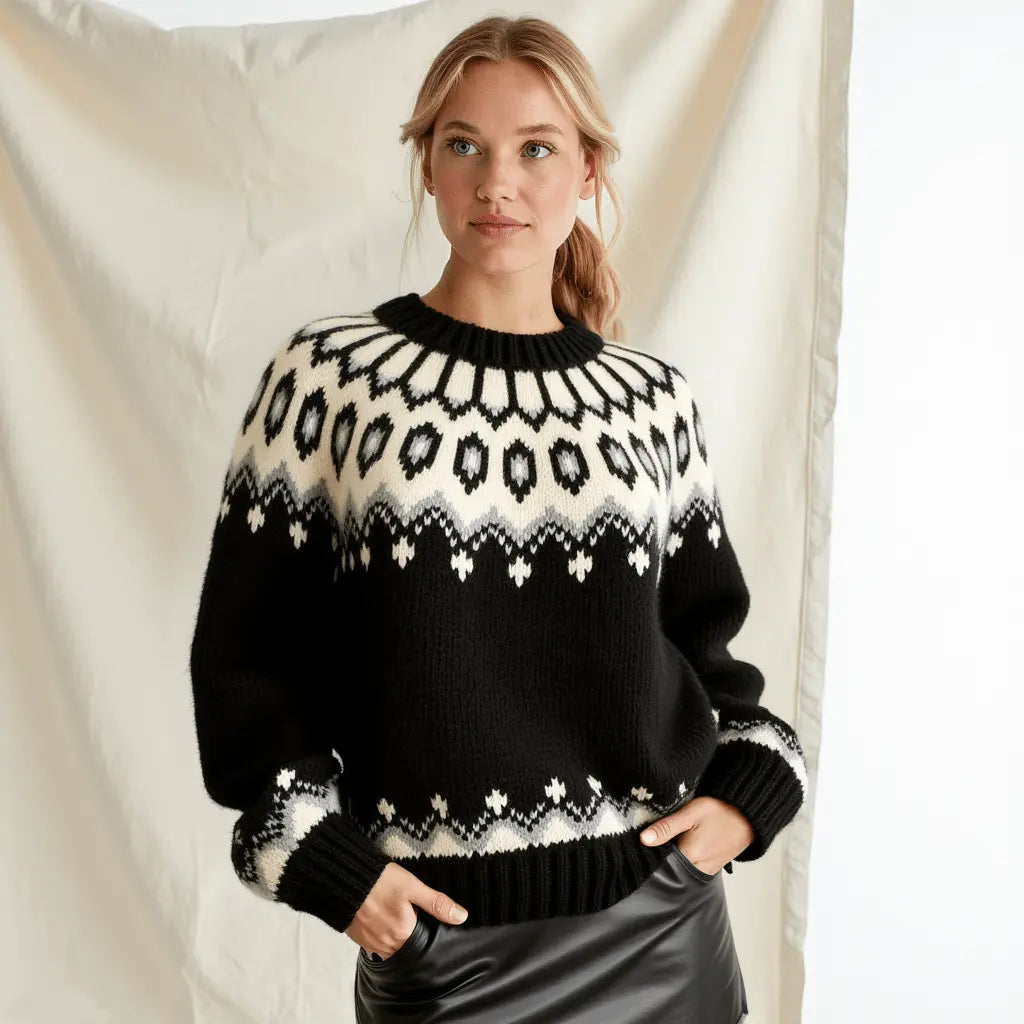 Hand - Knitted Black Oversized Unisex Scandinavian Lopapeysa Sweater Fair Isle with White circular Patterned Yoke of Baby Alpaca / Merino - EdelWear