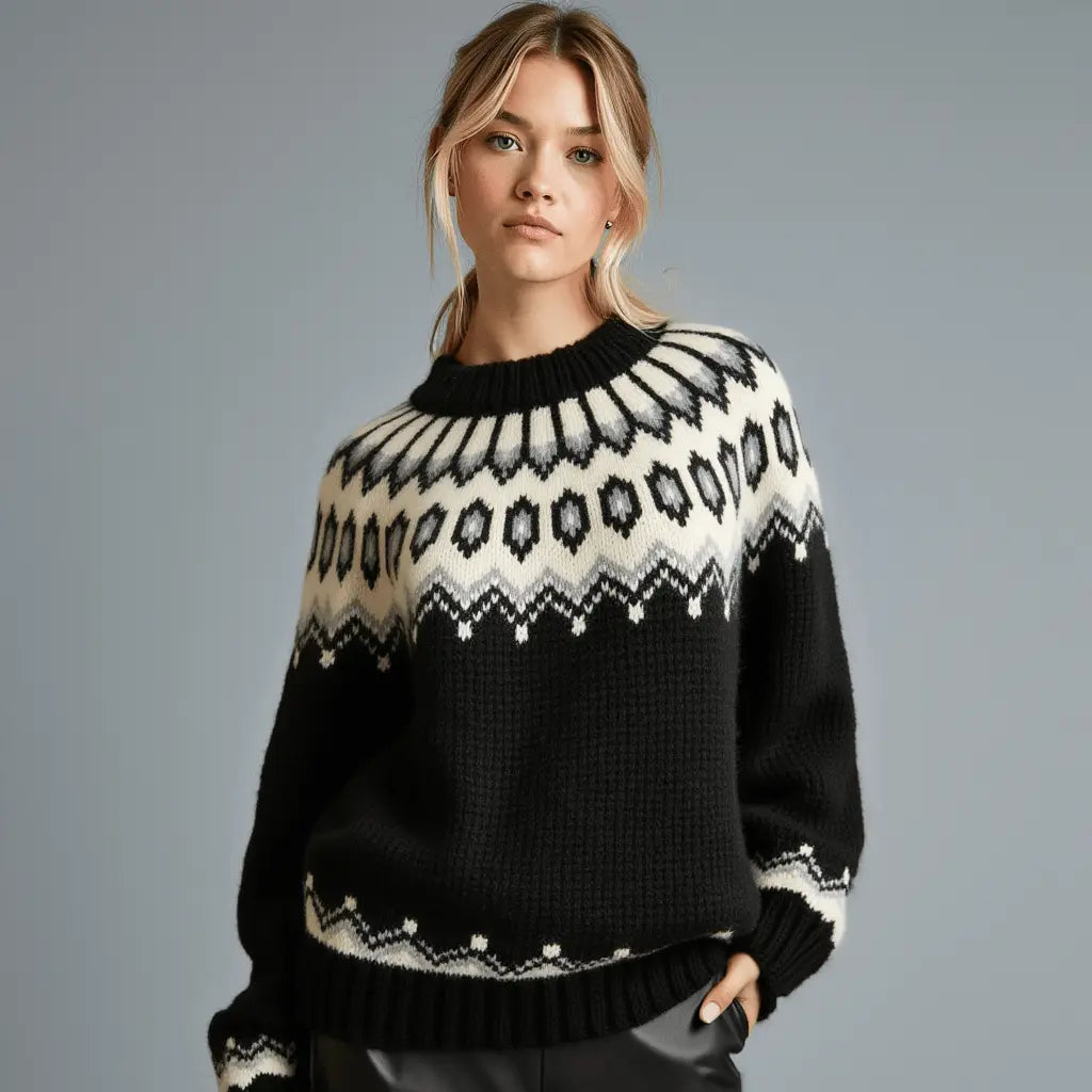 Hand - Knitted Black Oversized Unisex Scandinavian Lopapeysa Sweater Fair Isle with White circular Patterned Yoke of Baby Alpaca / Merino - EdelWear