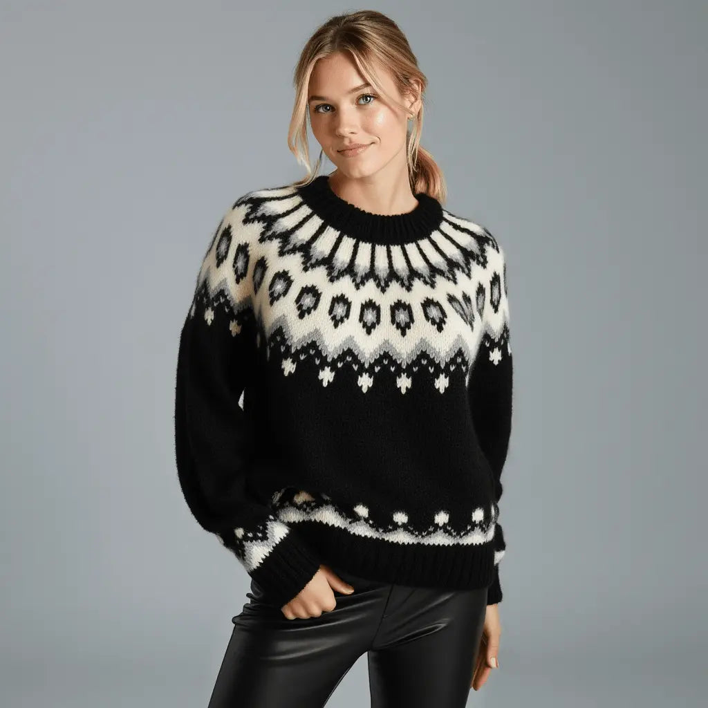 Hand - Knitted Black Oversized Unisex Scandinavian Lopapeysa Sweater Fair Isle with White circular Patterned Yoke of Baby Alpaca / Merino - EdelWear