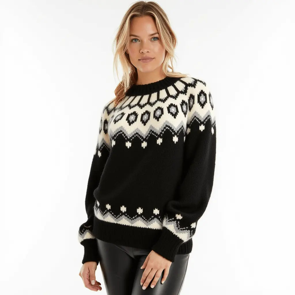 Hand - Knitted Black Oversized Unisex Scandinavian Lopapeysa Sweater Fair Isle with White circular Patterned Yoke of Baby Alpaca / Merino - EdelWear