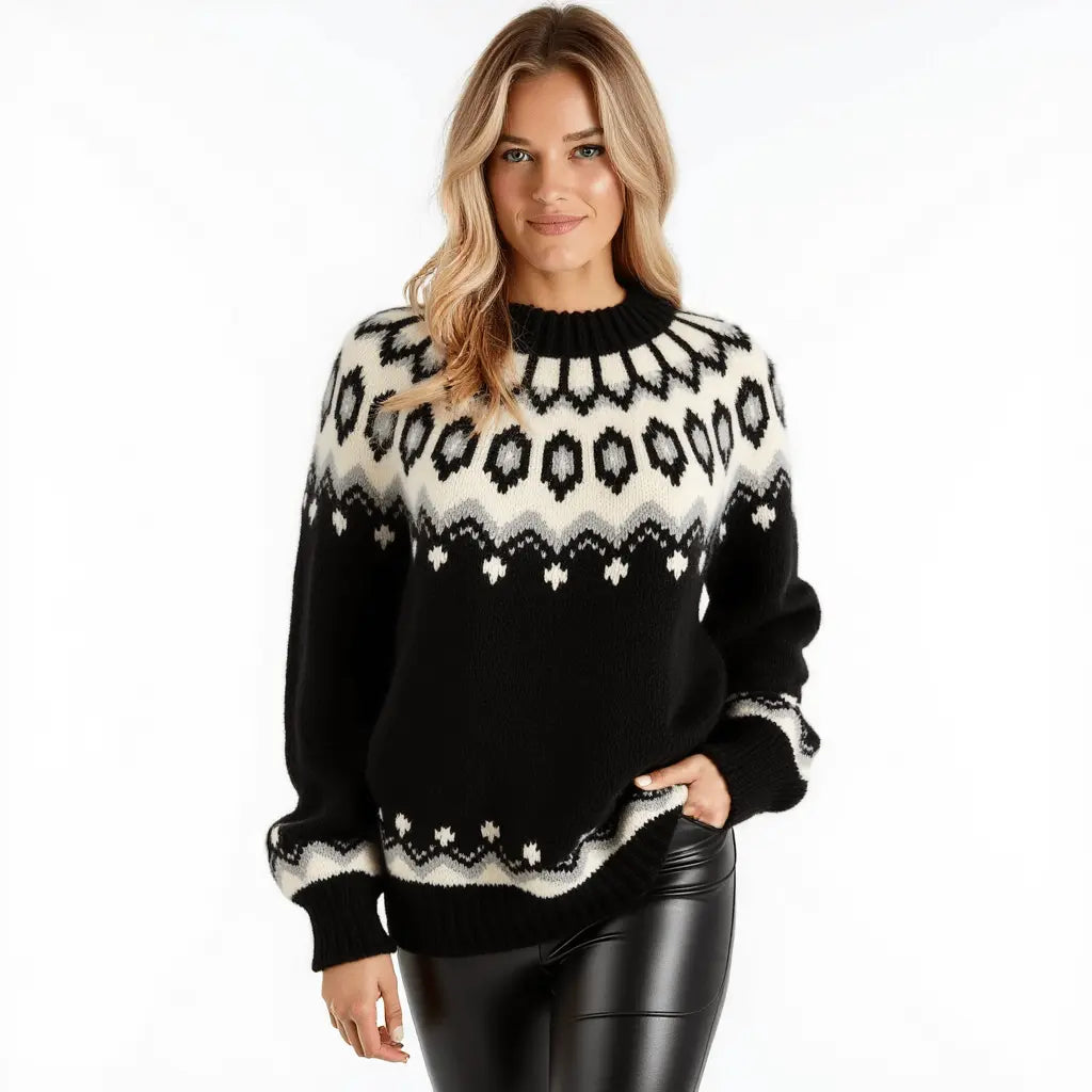 Hand - Knitted Black Oversized Unisex Scandinavian Lopapeysa Sweater Fair Isle with White circular Patterned Yoke of Baby Alpaca / Merino - EdelWear