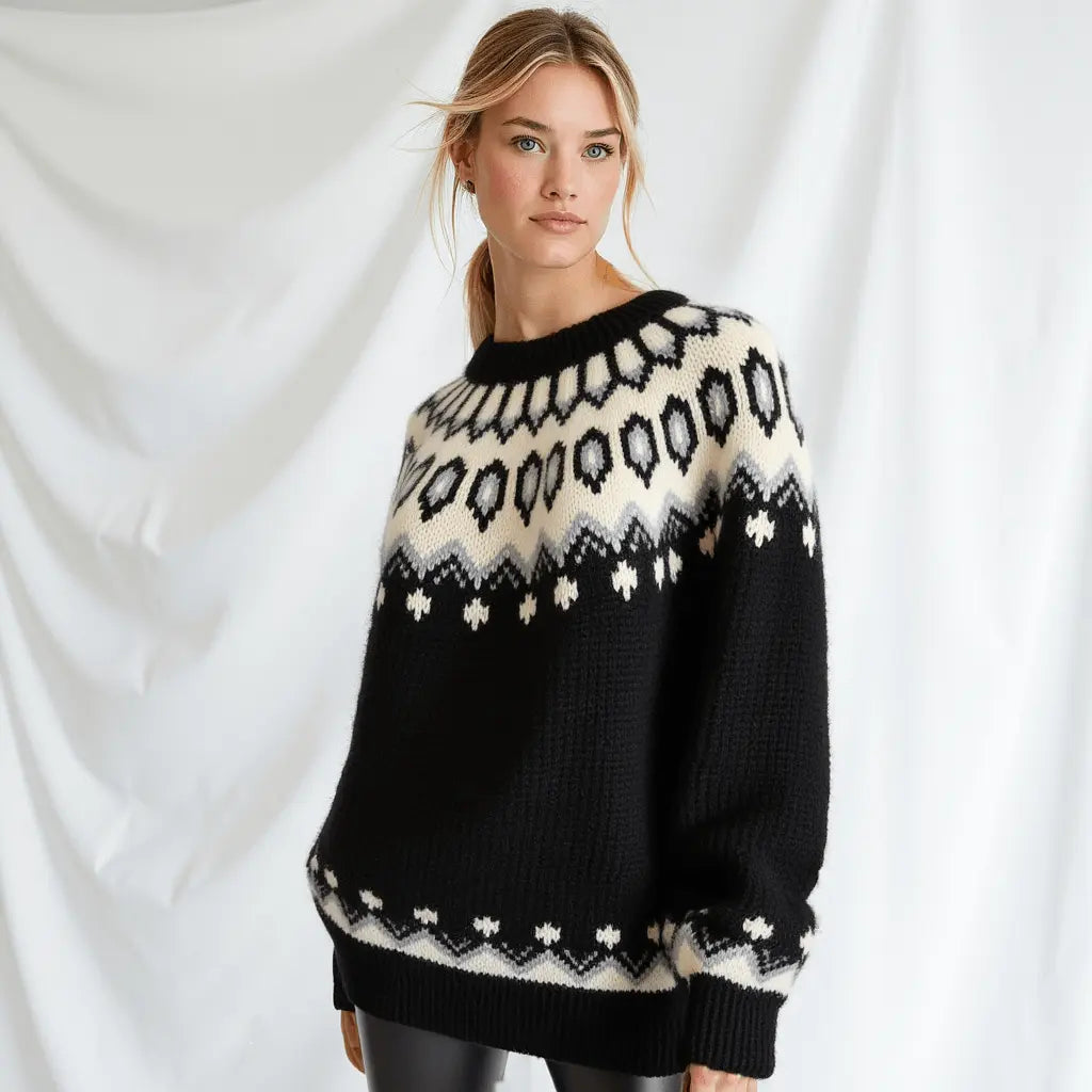 Hand - Knitted Black Oversized Unisex Scandinavian Lopapeysa Sweater Fair Isle with White circular Patterned Yoke of Baby Alpaca / Merino - EdelWear