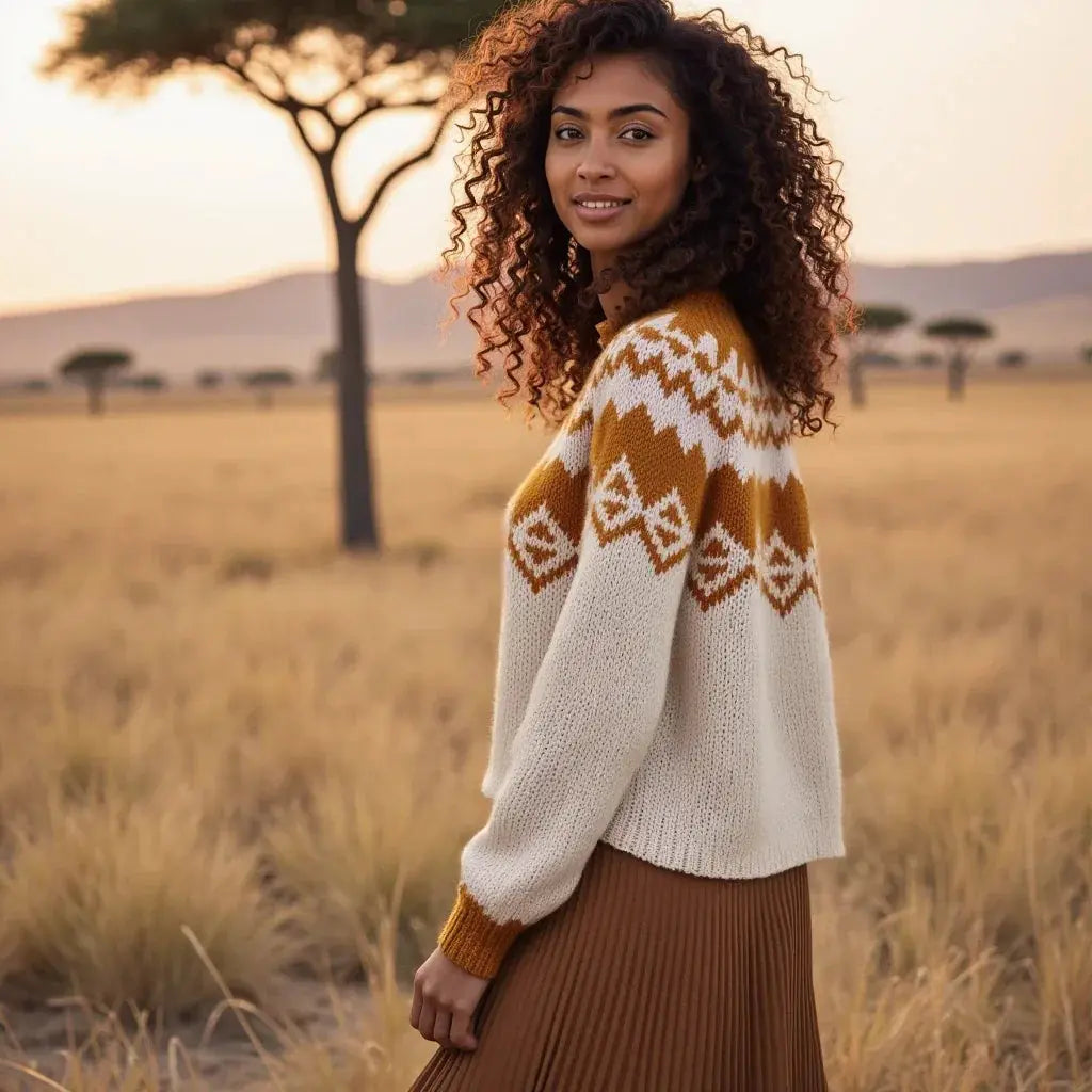 Hand knitted Creamy White Scandinavian Women's Lopapeysa Sweater Fair Isle with Nordic Orange Yoke of Baby Alpaca & Merino, Norwegian Wool Pullover, Traditional Icelandic Ski Jumper - EdelWear