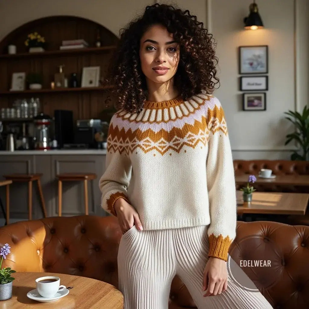 Hand knitted Creamy White Scandinavian Women's Lopapeysa Sweater Fair Isle with Nordic Orange Yoke of Baby Alpaca & Merino, Norwegian Wool Pullover, Traditional Icelandic Ski Jumper - EdelWear