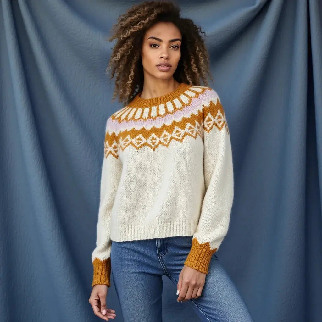 Hand knitted Creamy White Scandinavian Women's Lopapeysa Sweater Fair Isle with Nordic Orange Yoke of Baby Alpaca & Merino, Norwegian Wool Pullover, Traditional Icelandic Ski Jumper - EdelWear