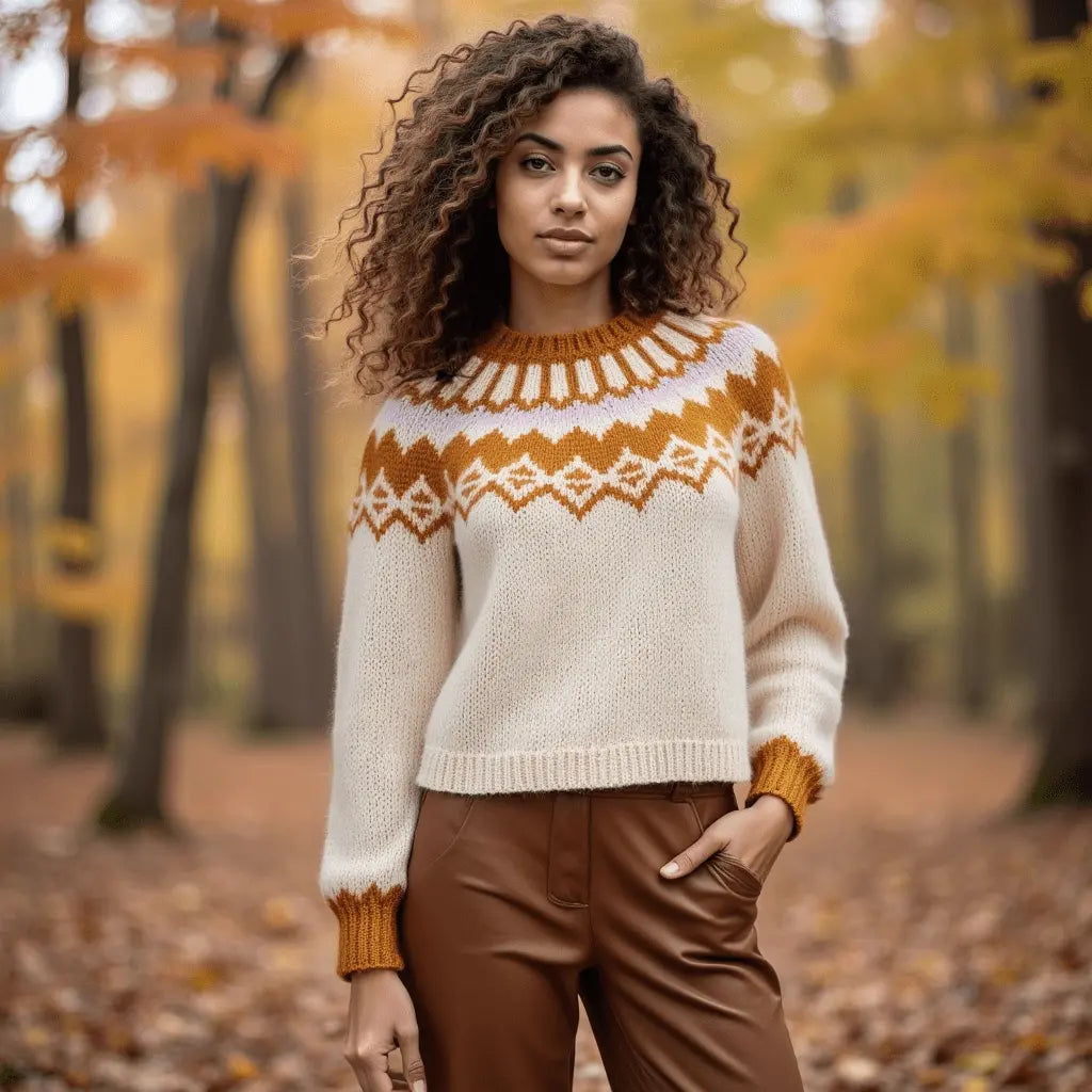Hand knitted Creamy White Scandinavian Women's Lopapeysa Sweater Fair Isle with Nordic Orange Yoke of Baby Alpaca & Merino, Norwegian Wool Pullover, Traditional Icelandic Ski Jumper - EdelWear