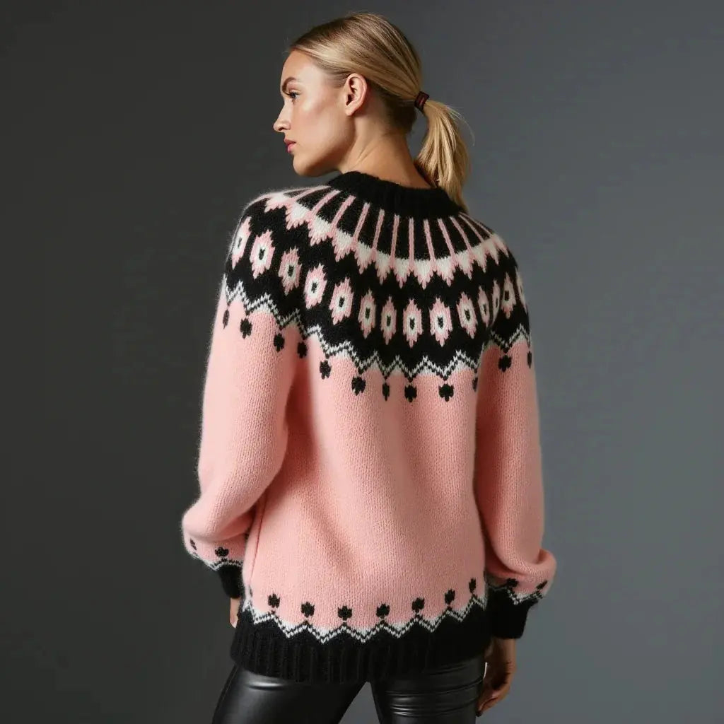 Hand Knitted Gentle Rose Pink Fluffy Oversized Icelandic Women's Lopapeysa Sweater Fair Isle with Nordic Black Patterned Yoke - EdelWear
