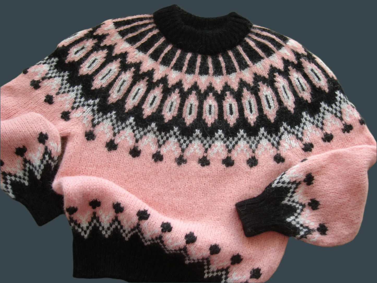 Hand Knitted Gentle Rose Pink Fluffy Oversized Icelandic Women's Lopapeysa Sweater Fair Isle with Nordic Black Patterned Yoke - EdelWear