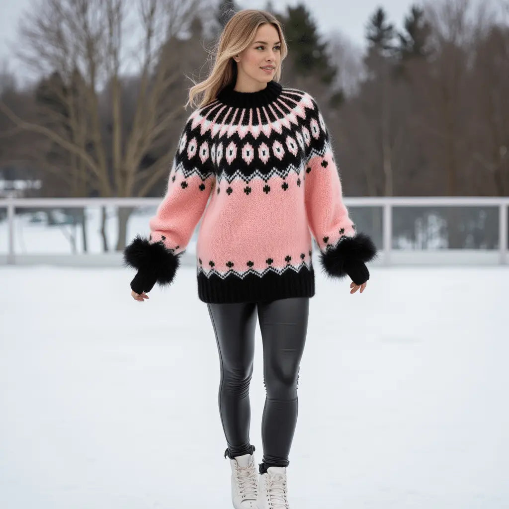 Hand Knitted Gentle Rose Pink Fluffy Oversized Icelandic Women's Lopapeysa Sweater Fair Isle with Nordic Black Patterned Yoke - EdelWear