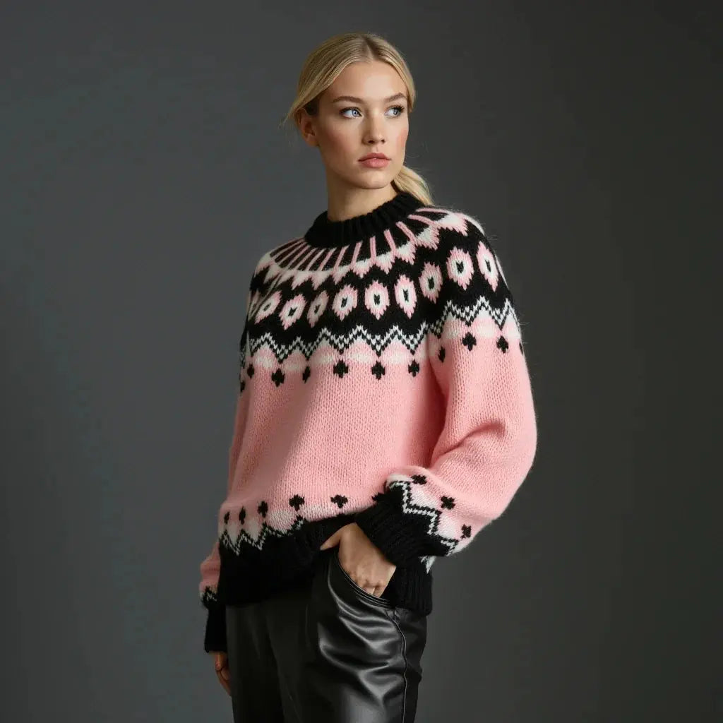 Hand Knitted Gentle Rose Pink Fluffy Oversized Icelandic Women's Lopapeysa Sweater Fair Isle with Nordic Black Patterned Yoke - EdelWear