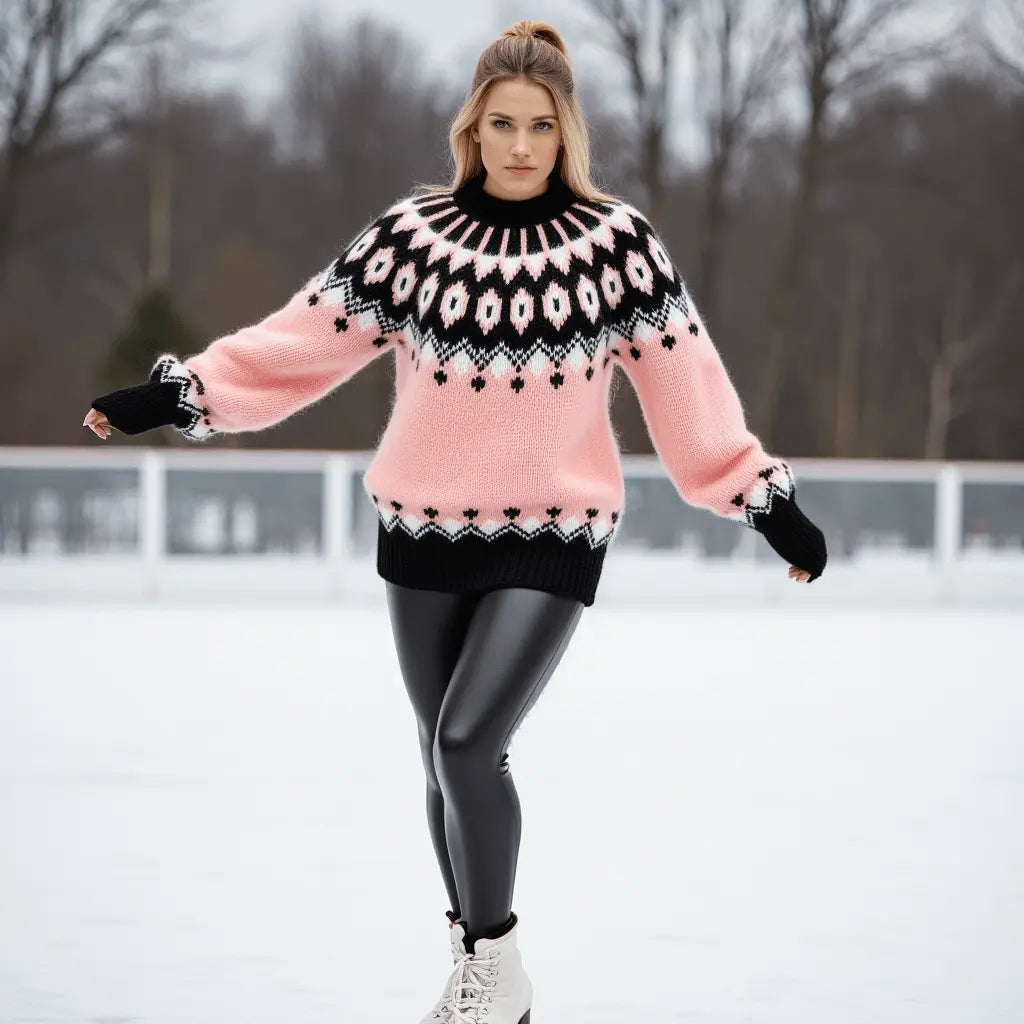 Hand Knitted Gentle Rose Pink Fluffy Oversized Icelandic Women's Lopapeysa Sweater Fair Isle with Nordic Black Patterned Yoke - EdelWear
