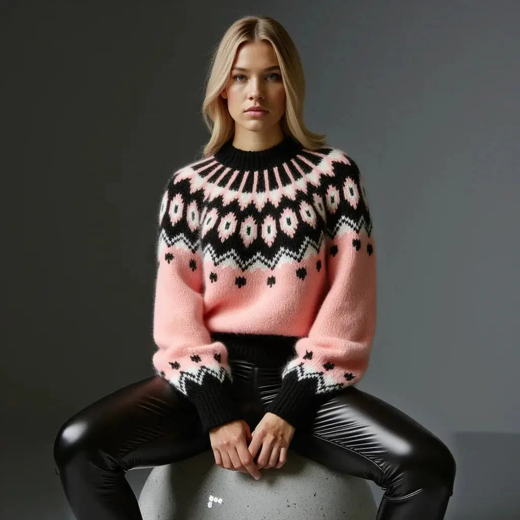 Hand Knitted Gentle Rose Pink Fluffy Oversized Icelandic Women's Lopapeysa Sweater Fair Isle with Nordic Black Patterned Yoke - EdelWear