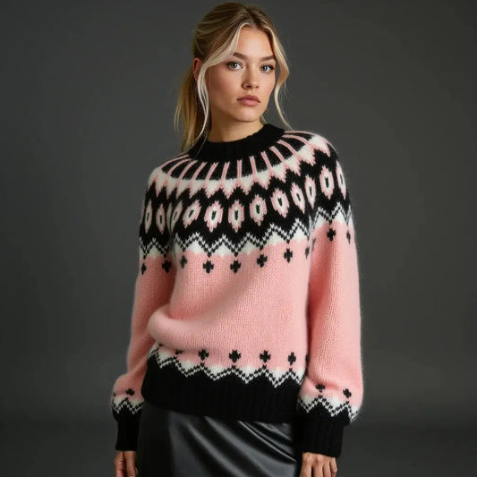 Hand Knitted Gentle Rose Pink Fluffy Oversized Icelandic Women's Lopapeysa Sweater Fair Isle with Nordic Black Patterned Yoke - EdelWear