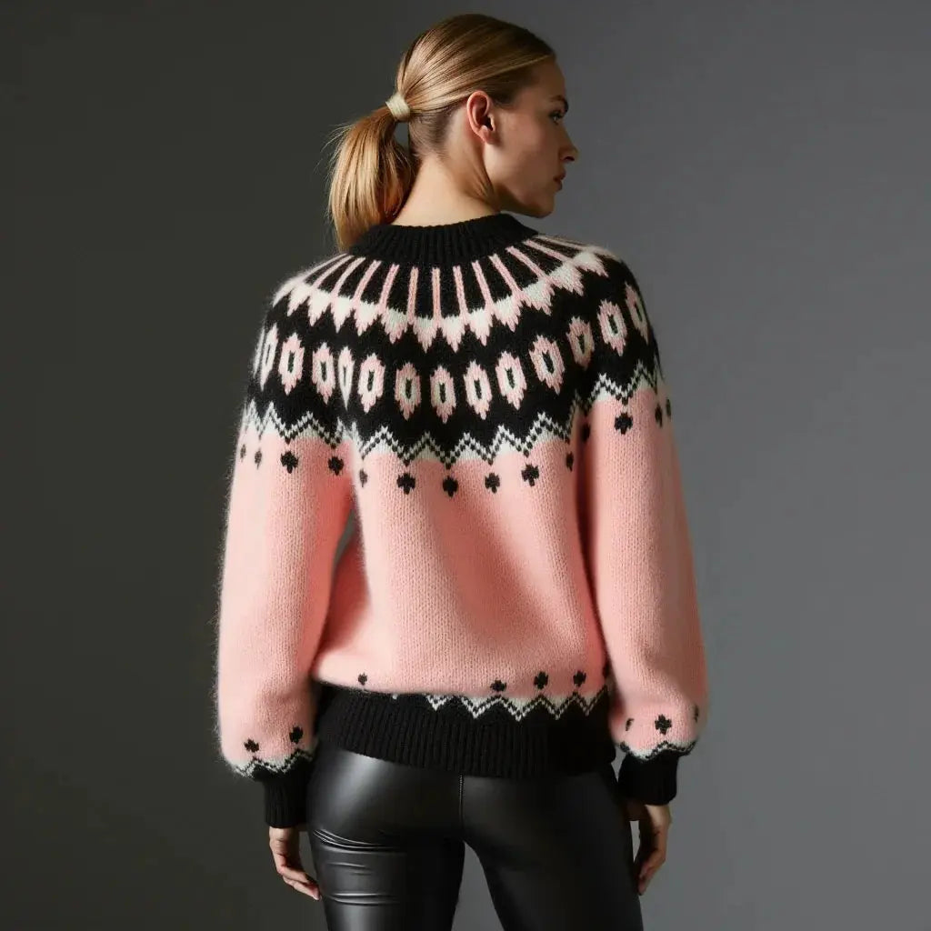 Hand Knitted Gentle Rose Pink Fluffy Oversized Icelandic Women's Lopapeysa Sweater Fair Isle with Nordic Black Patterned Yoke - EdelWear
