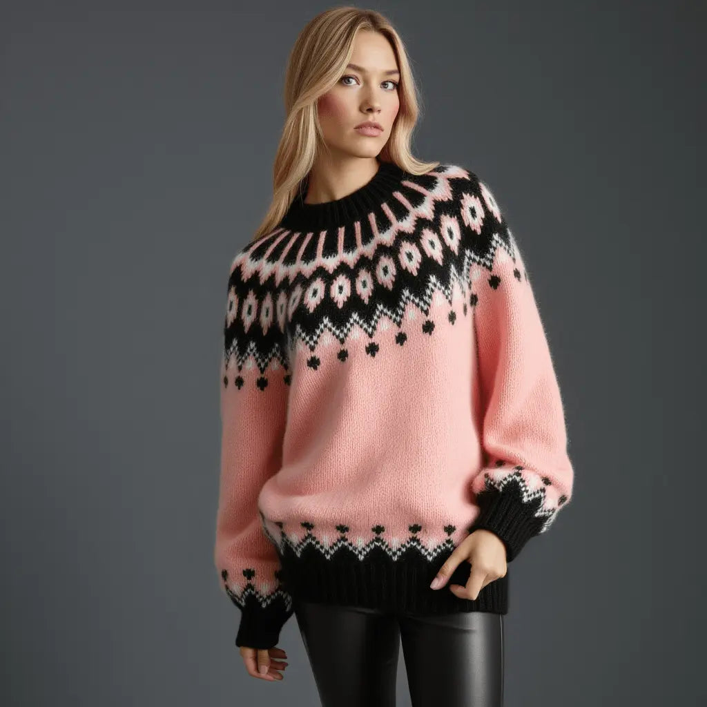 Hand Knitted Gentle Rose Pink Fluffy Oversized Icelandic Women's Lopapeysa Sweater Fair Isle with Nordic Black Patterned Yoke - EdelWear