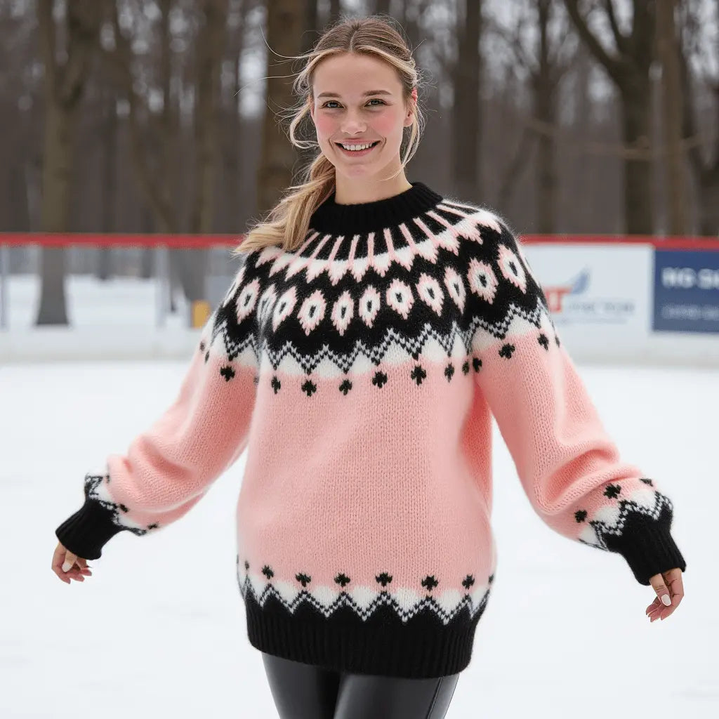 Hand Knitted Gentle Rose Pink Fluffy Oversized Icelandic Women's Lopapeysa Sweater Fair Isle with Nordic Black Patterned Yoke - EdelWear