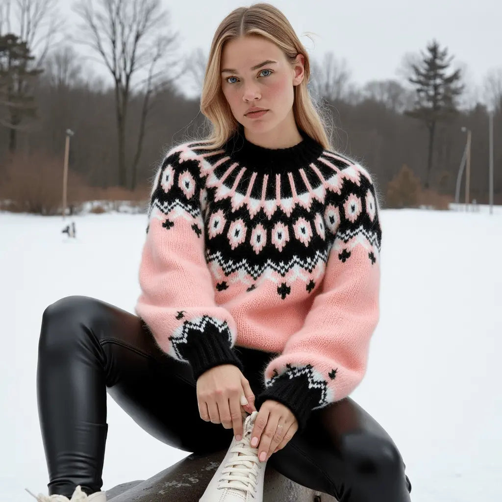 Hand Knitted Gentle Rose Pink Fluffy Oversized Icelandic Women's Lopapeysa Sweater Fair Isle with Nordic Black Patterned Yoke - EdelWear