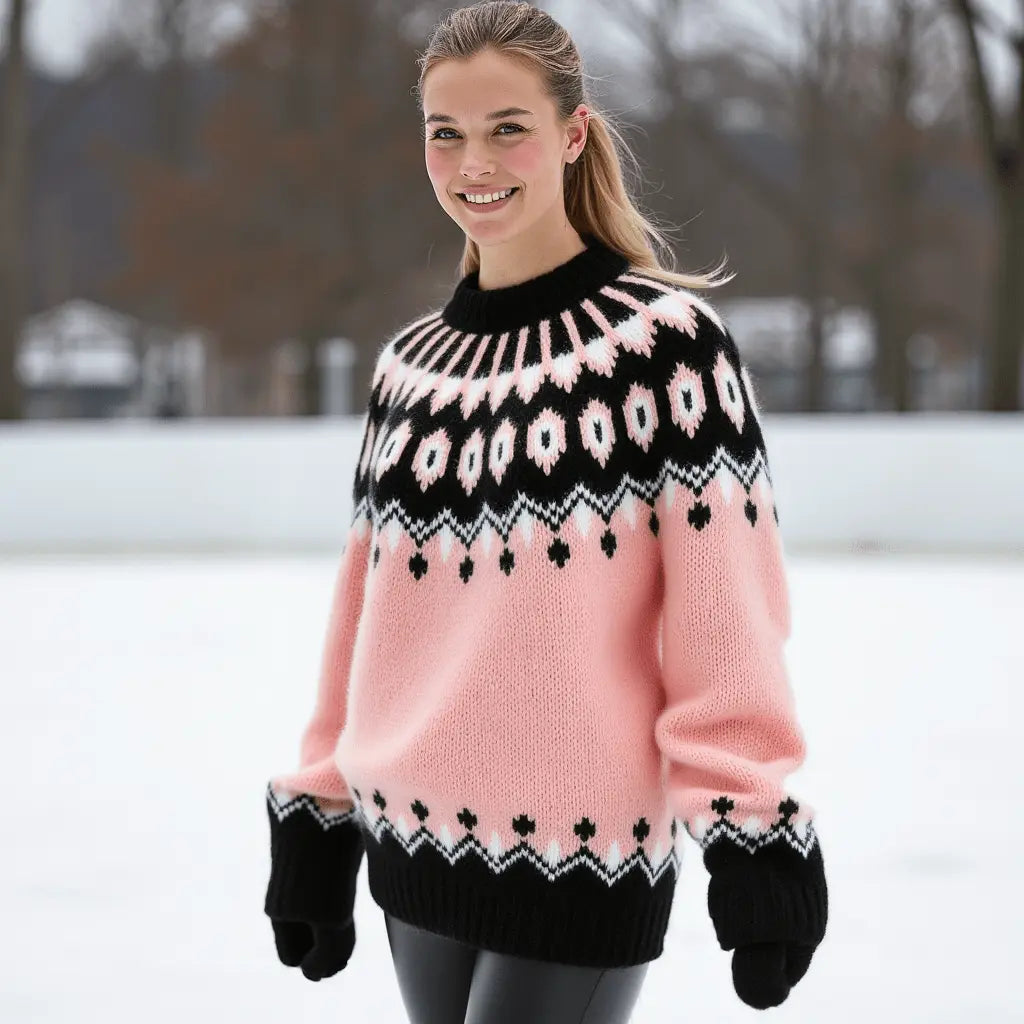 Hand Knitted Gentle Rose Pink Fluffy Oversized Icelandic Women's Lopapeysa Sweater Fair Isle with Nordic Black Patterned Yoke - EdelWear