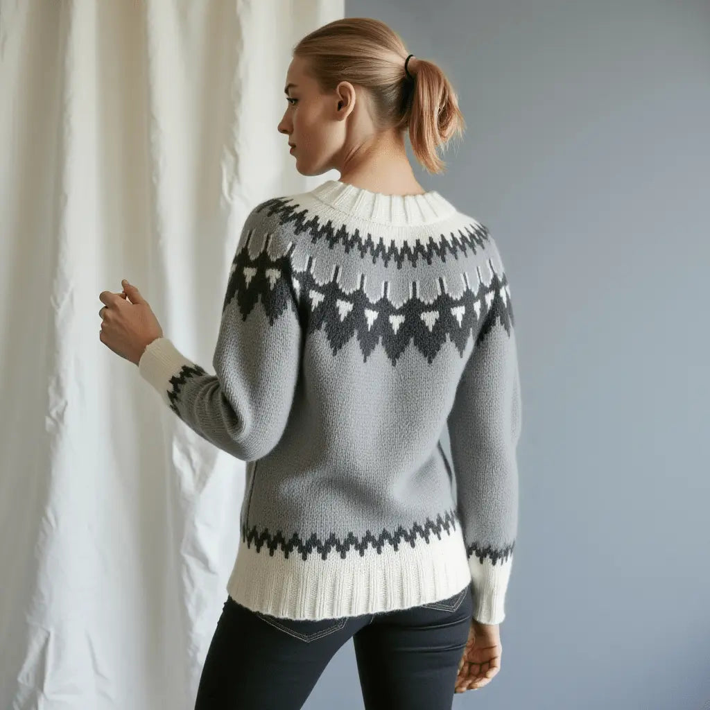 Hand Knitted Gray Chunky Women's Scandinavian Lopapeysa Sweater Fair Isle with a Black / White Nordic Patterned Yoke - EdelWear