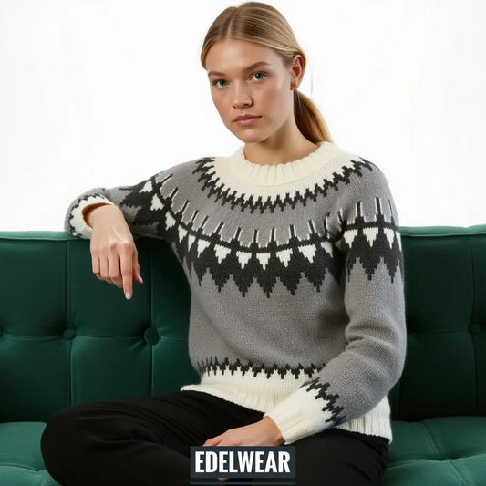 Hand Knitted Gray Chunky Women's Scandinavian Lopapeysa Sweater Fair Isle with a Black / White Nordic Patterned Yoke - EdelWear