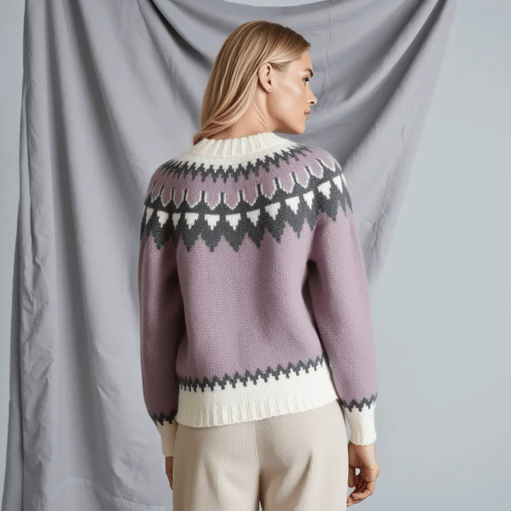 Hand Knitted Gray Chunky Women's Scandinavian Lopapeysa Sweater Fair Isle with a Black / White Nordic Patterned Yoke - EdelWear
